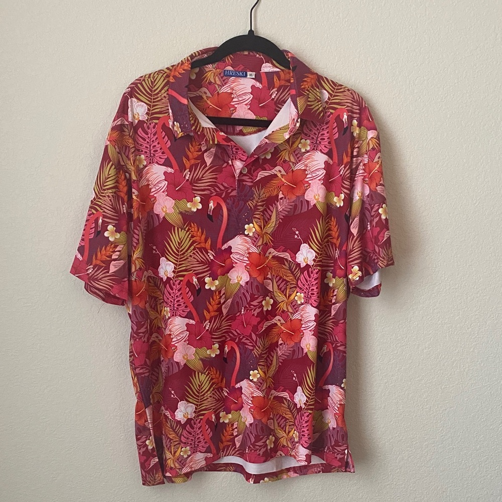 Men's Tropical Floral Button Down Shirt - Red